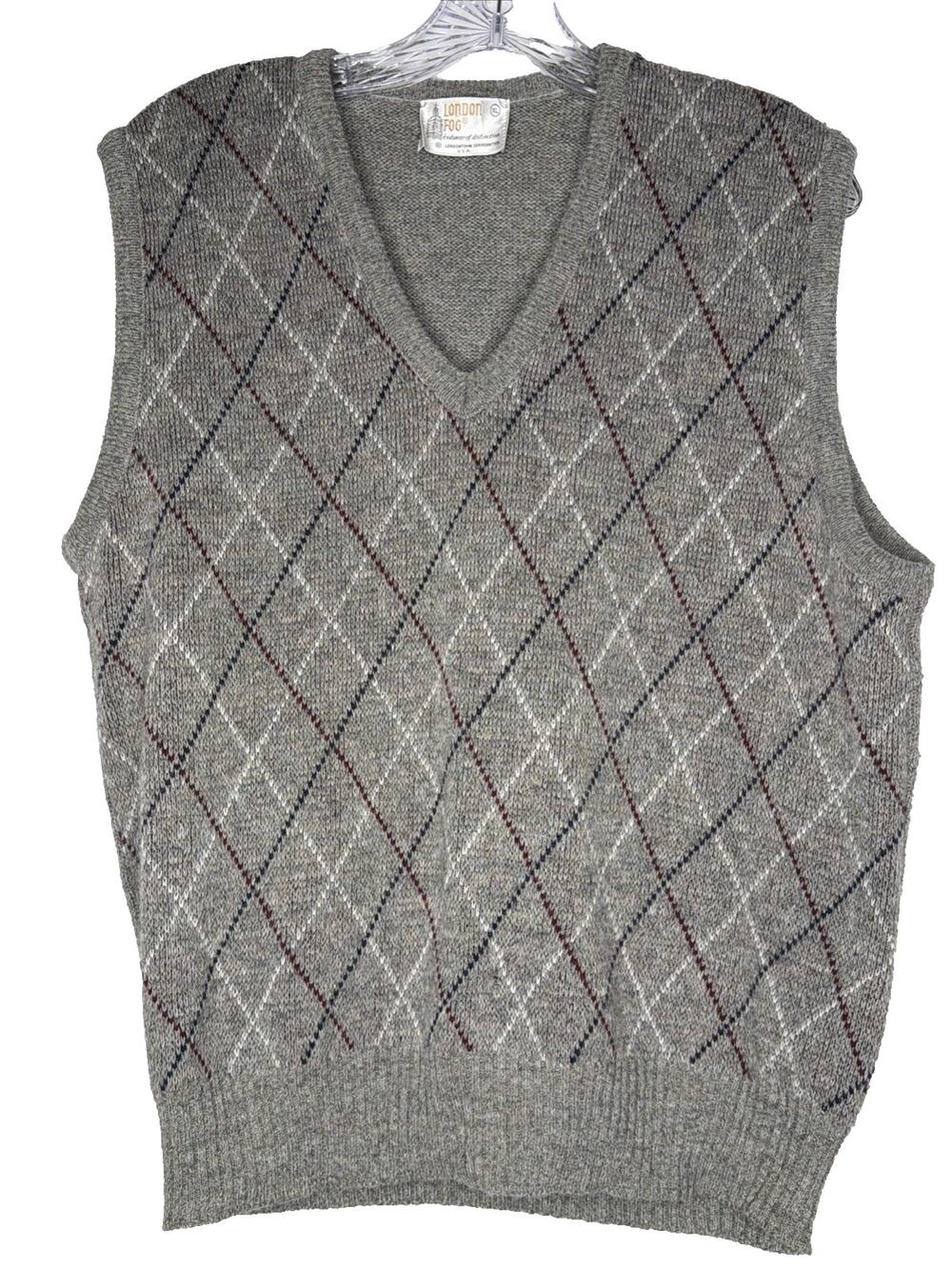 London Fog wool blend pullover sweater vest XL argyle grey blue wht USA vintage